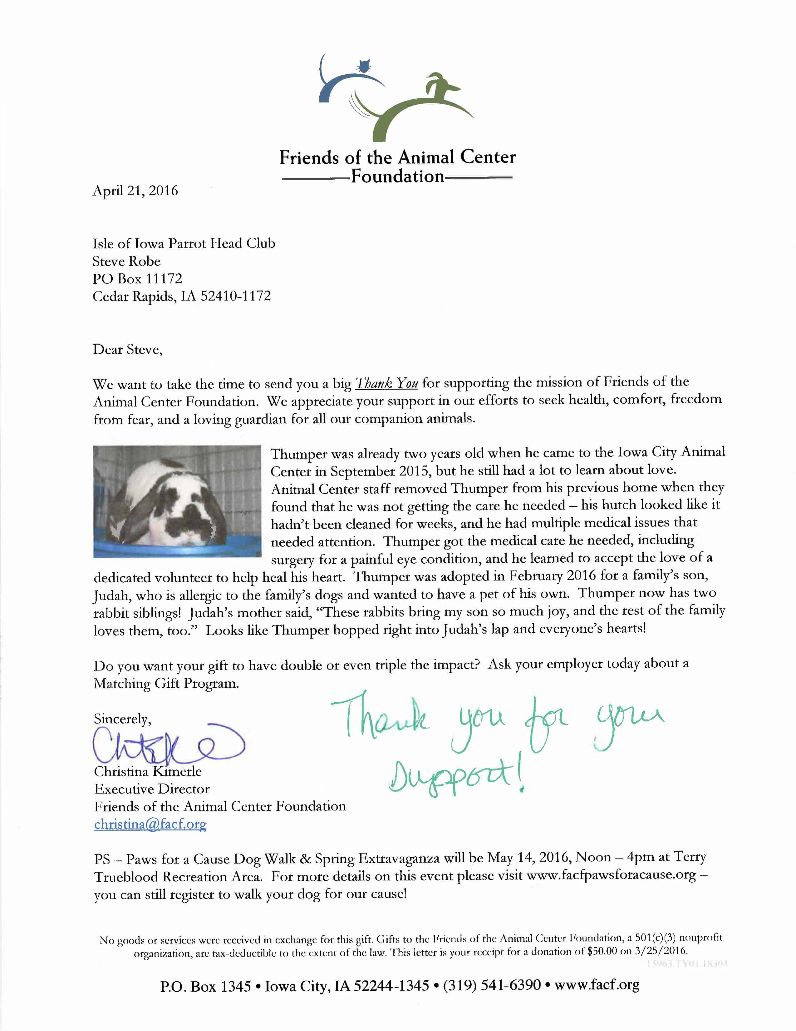 2016 Animal Center Thank You Letter