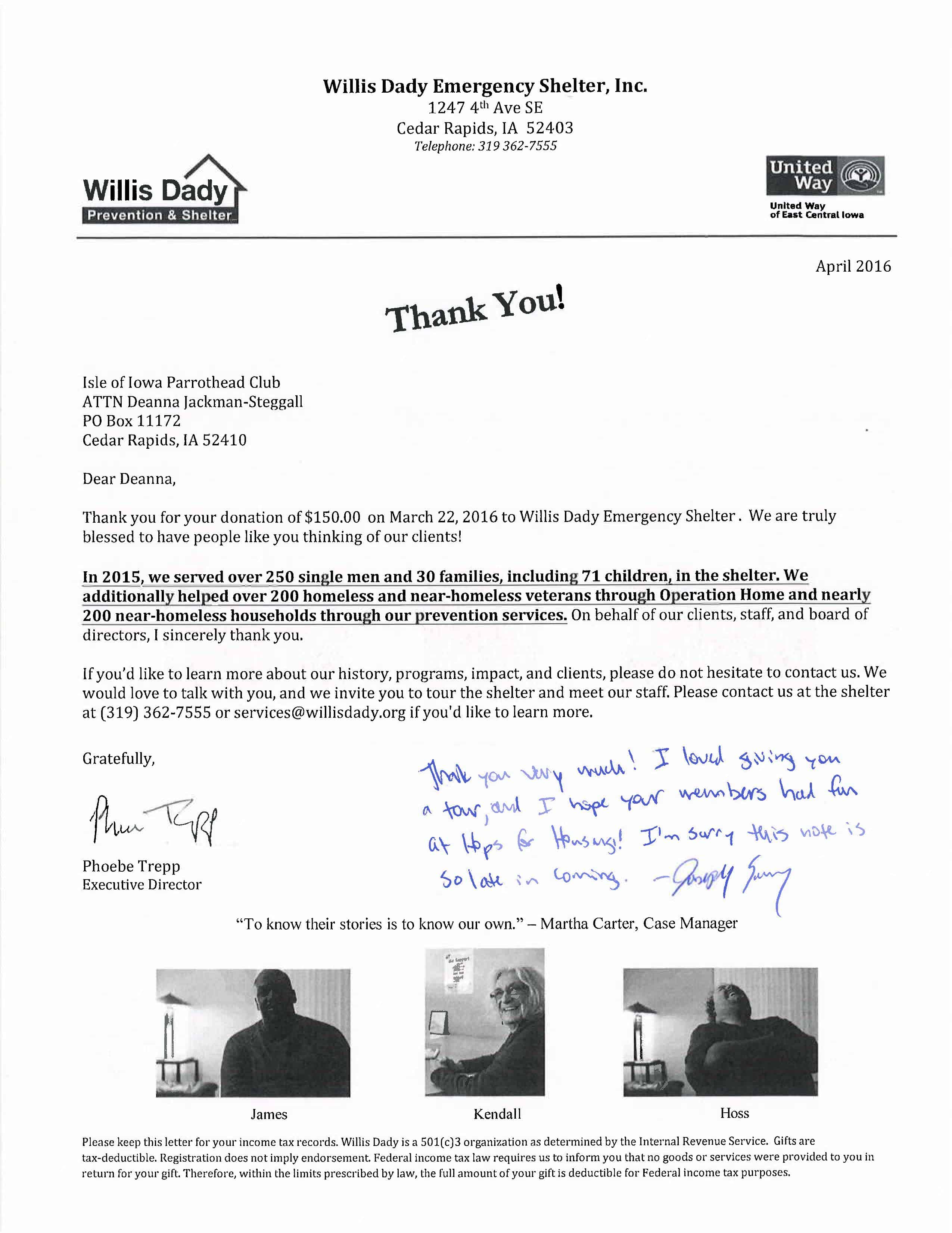 2016 Willis Dady Thank You Letter